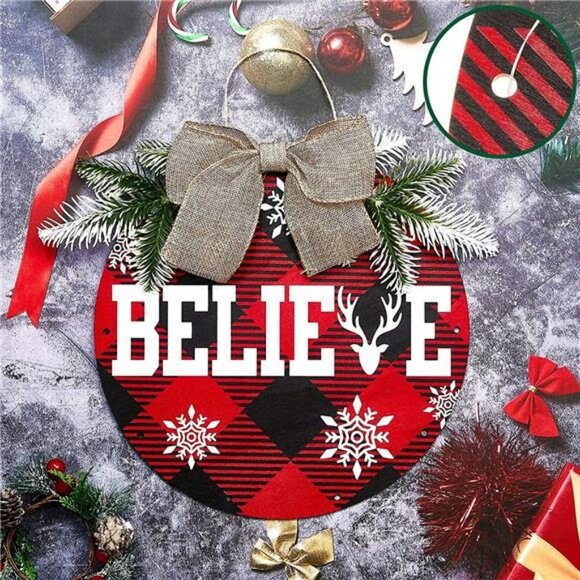 3 Pcs Christmas Buffalo Plaid Wreath Decoration LED Lights Hanging Sign Wooden - Picture 5 of 7